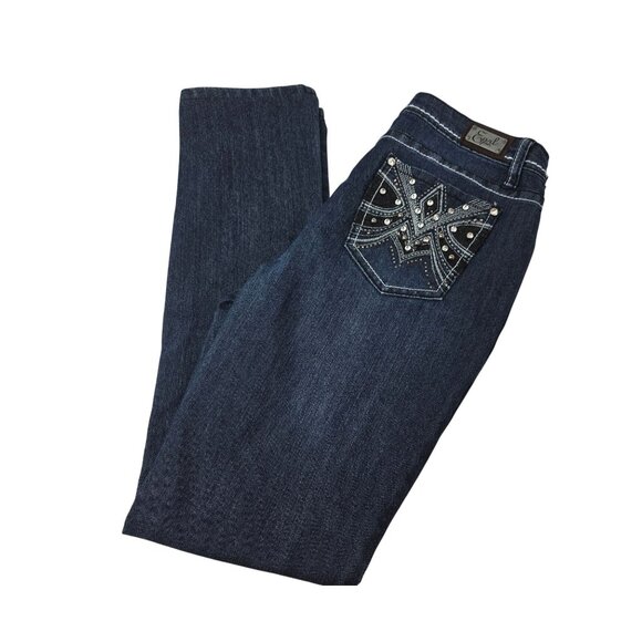Earl Jean Women's Dark Wash Embellished Pocket Jeans Size 4 Blue Straight Leg - Picture 2 of 7